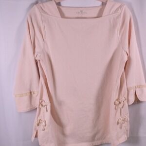 Talbots Pink Square Neck 3/4 Sleeve Top Womens Medium Petite Bow Detail